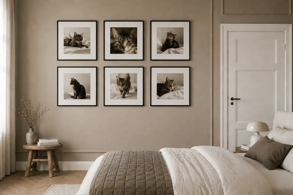 Elegant neutral bedroom with six framed cat portraits, soft natural light, textured bedding, warm wood accents, and a refined magazine-style aesthetic.