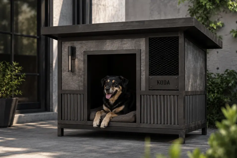 Luxury California Coastal dog house with crisp white siding, natural wood accents, ocean views, and a cozy cushioned retreat for relaxed outdoor living.