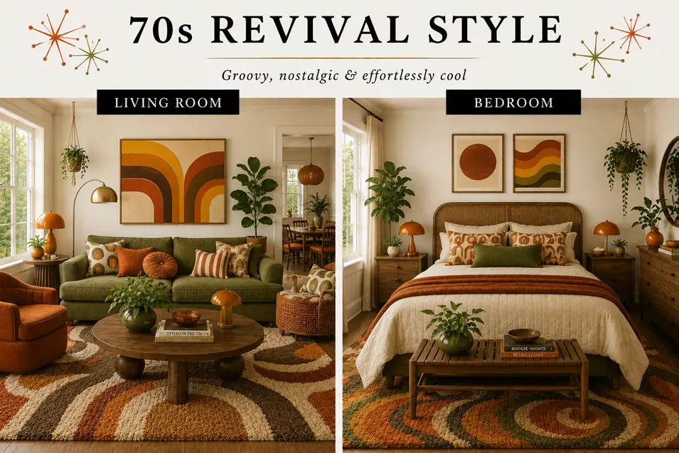 70s Revival style interior showcase featuring a retro living room and bedroom with earthy tones, bold patterns, vintage furniture and nostalgic charm.