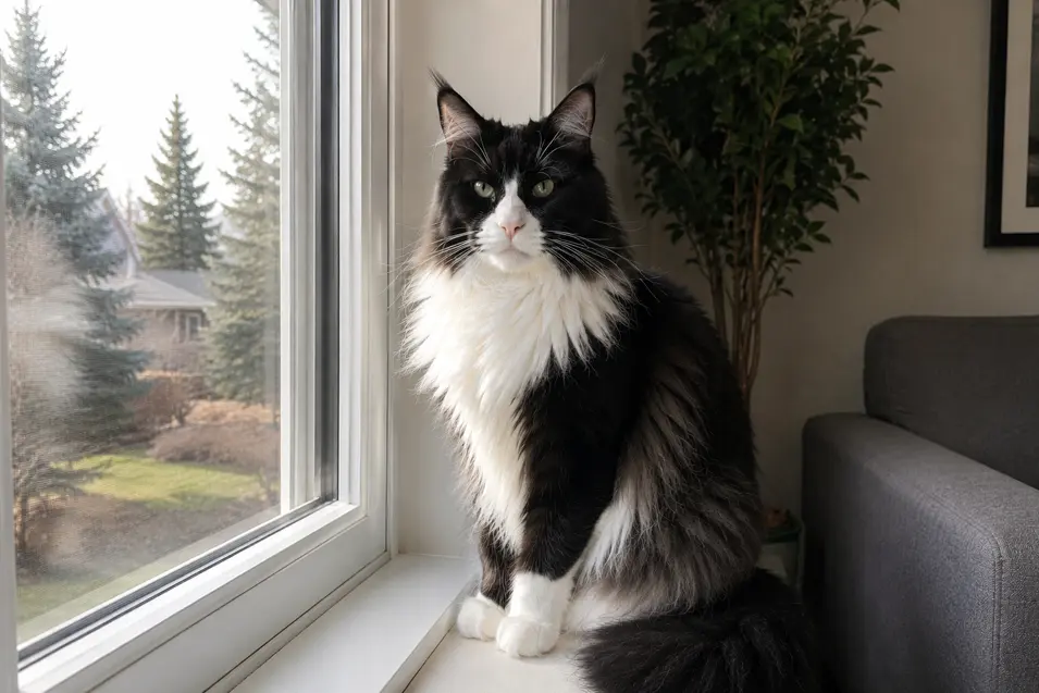 Majestic black-and-white Maine Coon sitting on a sunlit windowsill, gazing confidently at the camera with soft natural light and a cozy home backdrop.