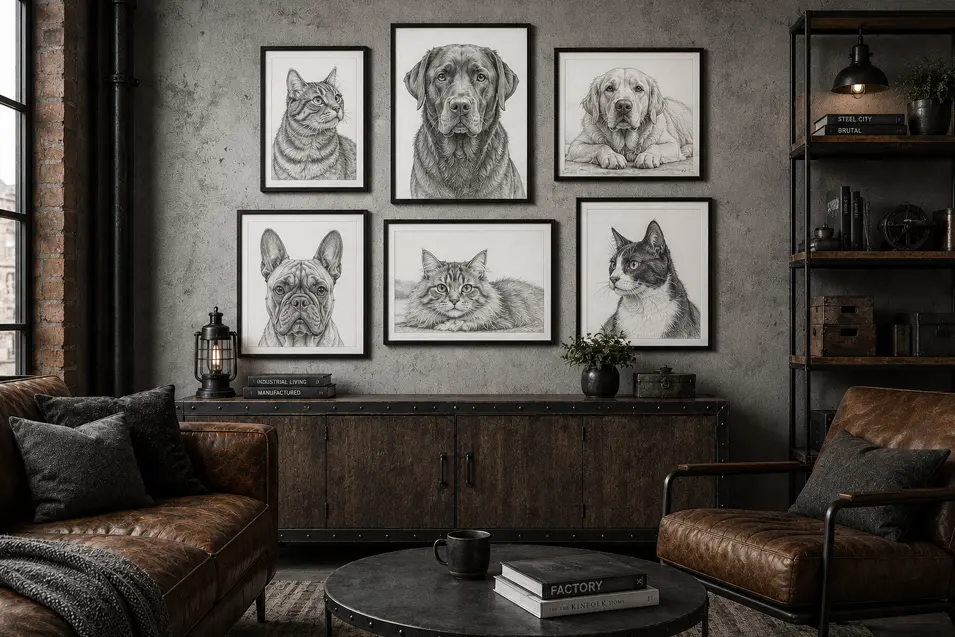 Industrial living room with leather seating, concrete walls, and a gallery of framed dog and cat pencil sketches above a rustic sideboard.