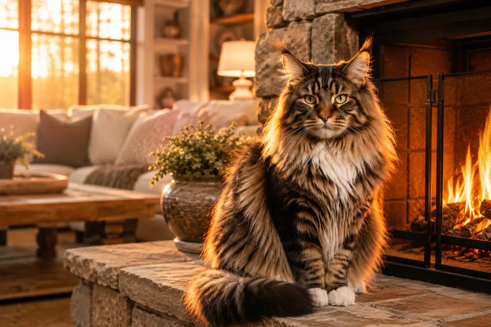 Warm backlighting from the windows creates a glowing halo around the Maine Coon's fur, adding depth and a cozy golden ambiance to the fireplace scene.