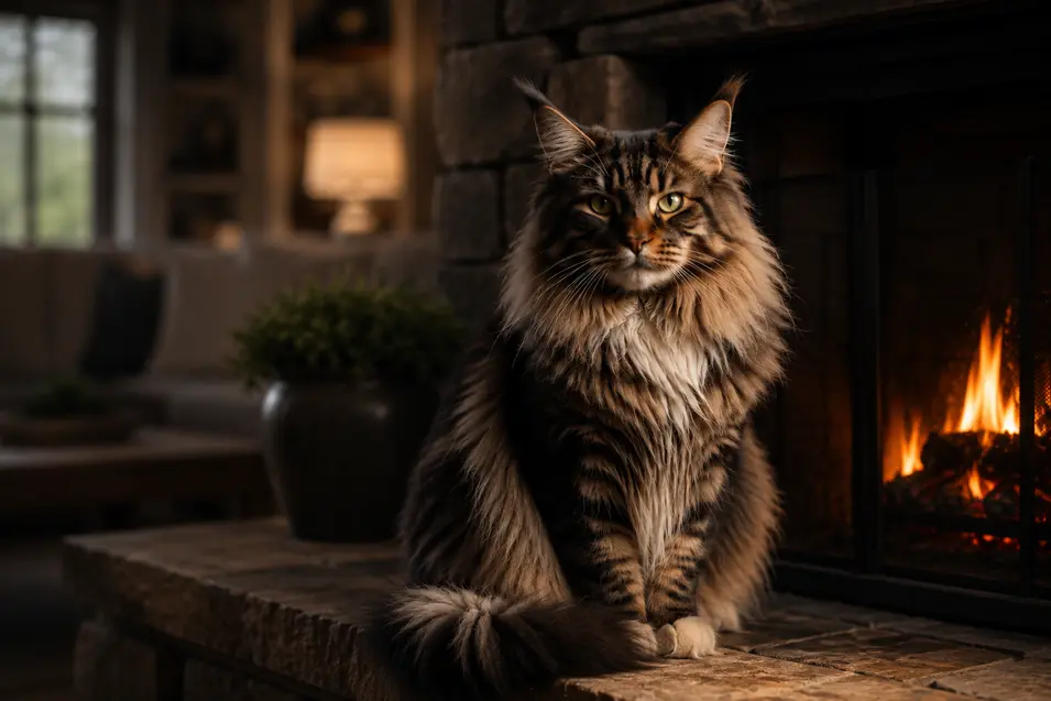 Majestic Maine Coon by a stone fireplace, illuminated with dramatic side lighting that creates rich shadows, warm depth, and stunning portrait detail.