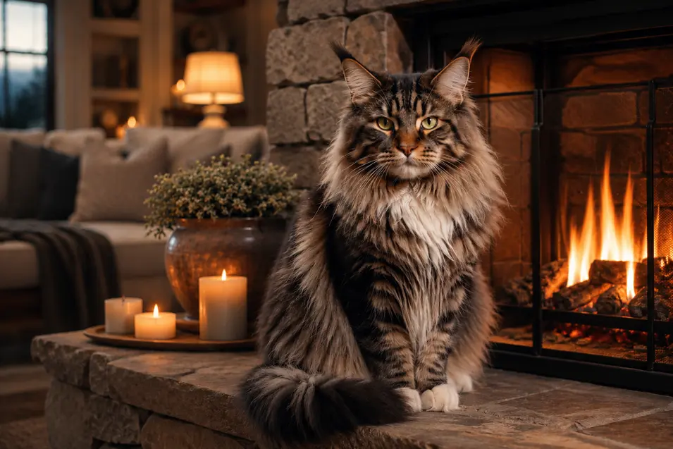 Majestic Maine Coon beside a glowing fireplace, softly illuminated by warm candlelight that creates a cozy farmhouse ambiance and gentle, inviting shadows.