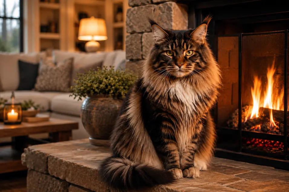 Majestic Maine Coon basking in the warm glow of a crackling fireplace, creating a cozy farmhouse portrait with rich orange highlights and inviting ambiance.