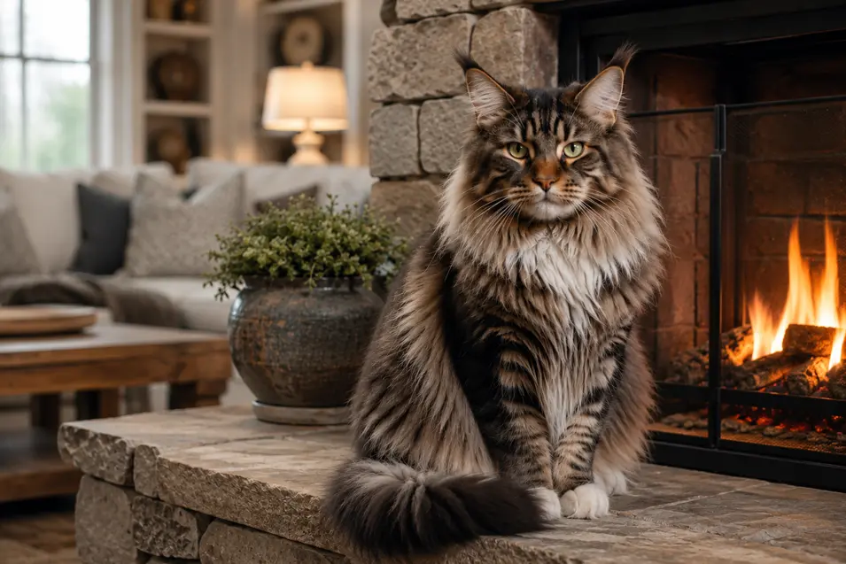 Majestic Maine Coon beside a stone fireplace in a cozy farmhouse living room, softly lit by overcast daylight with beautiful natural detail and creamy background blur.