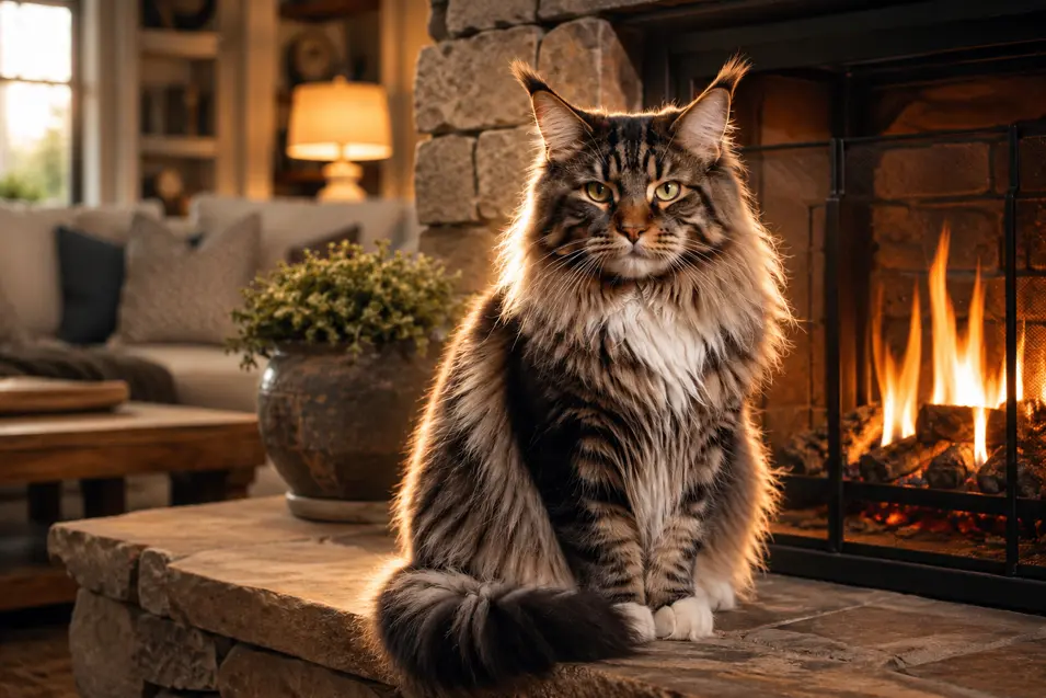 Majestic Maine Coon by a stone fireplace, enhanced with soft rim lighting that outlines its luxurious fur, captured at eye level with an 85mm portrait lens.