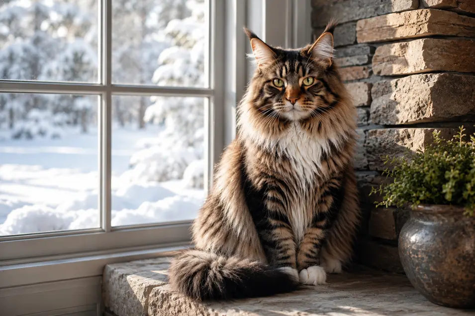 Bright winter sunlight reflecting off fresh snow fills the cozy room with a soft natural glow, highlighting the Maine Coon's luxurious fur and warm rustic charm.