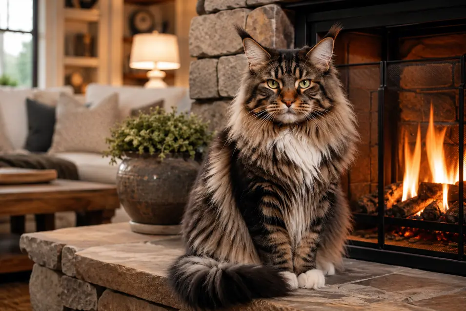 Majestic Maine Coon by a stone fireplace, lit with professional studio softboxes, captured at eye level on an 85mm lens with creamy background bokeh.