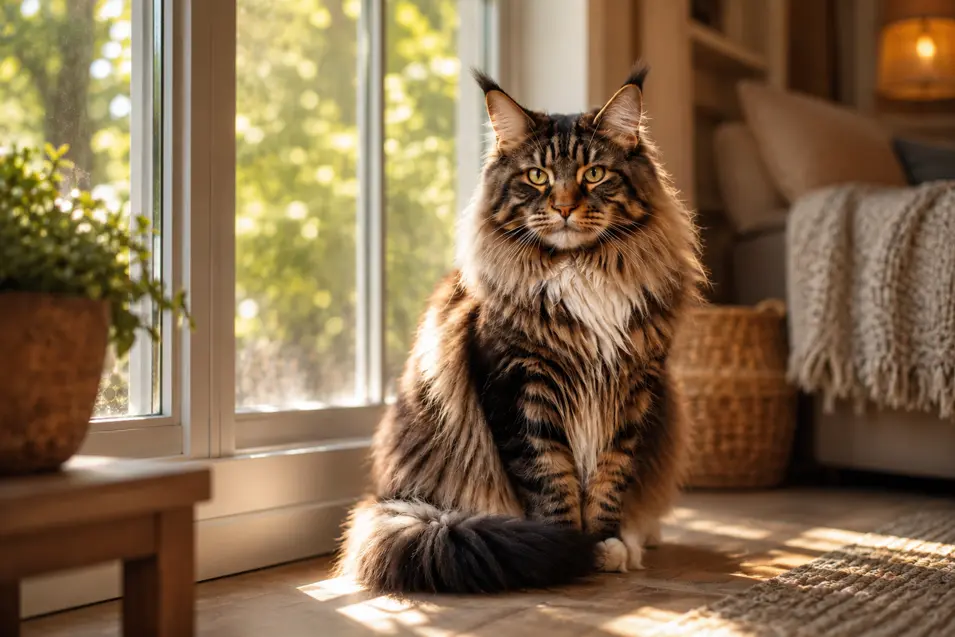 Majestic Maine Coon bathed in sunbeams filtering through trees, creating dappled light across a cozy room, captured with an 85mm portrait lens.