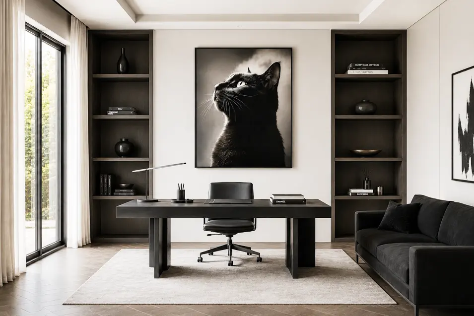 Bright, minimalist luxury office with symmetrical built-ins, a black sofa, sleek desk, oversized cat artwork, and floor-to-ceiling windows.