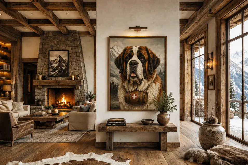 Rustic alpine mountain lodge with reclaimed timber beams, stone fireplace, snowy peak views, cozy furnishings, and a striking Saint Bernard portrait as the focal point.