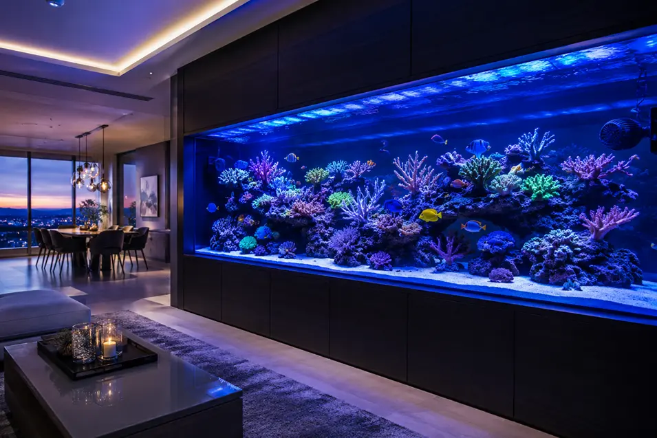 Luxury contemporary living room featuring a stunning built-in reef aquarium with vibrant SPS corals, colorful fish, crystal-clear water, and dramatic blue LED lighting.