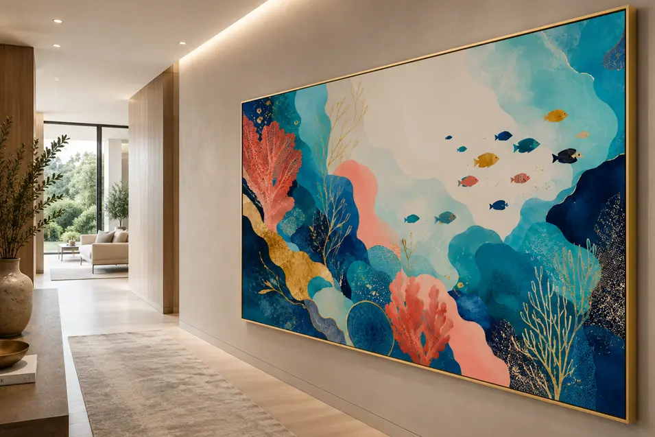 Modern luxury hallway with a large abstract coral reef artwork in vibrant blues, turquoise, coral pink and gold, styled in a minimalist contemporary interior.