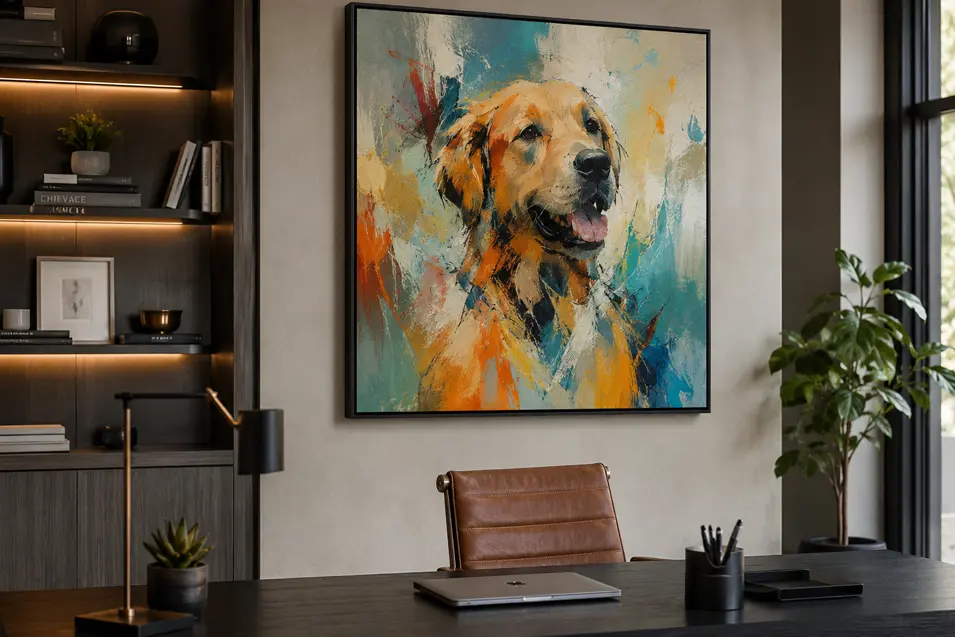 Modern home office featuring a vibrant abstract dog portrait, blending expressive color and contemporary pet art with sleek, sophisticated décor.
