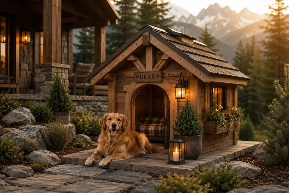 Luxury Alpine Chalet dog house with rich cedar, rustic timber beams, stone accents, and a mountain-inspired backyard glowing at golden hour.