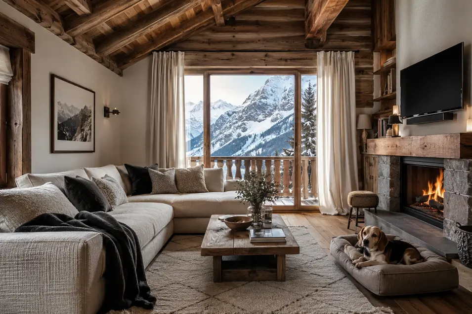Alpine-chic living room with timber beams, stone fireplace, cream sectional, mountain views, and a beagle resting on a matching dog bed.