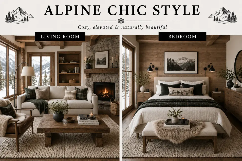 Alpine Chic style interior showcase featuring a cozy living room and bedroom with natural wood, stone accents, soft textiles, mountain-inspired warmth and luxury.