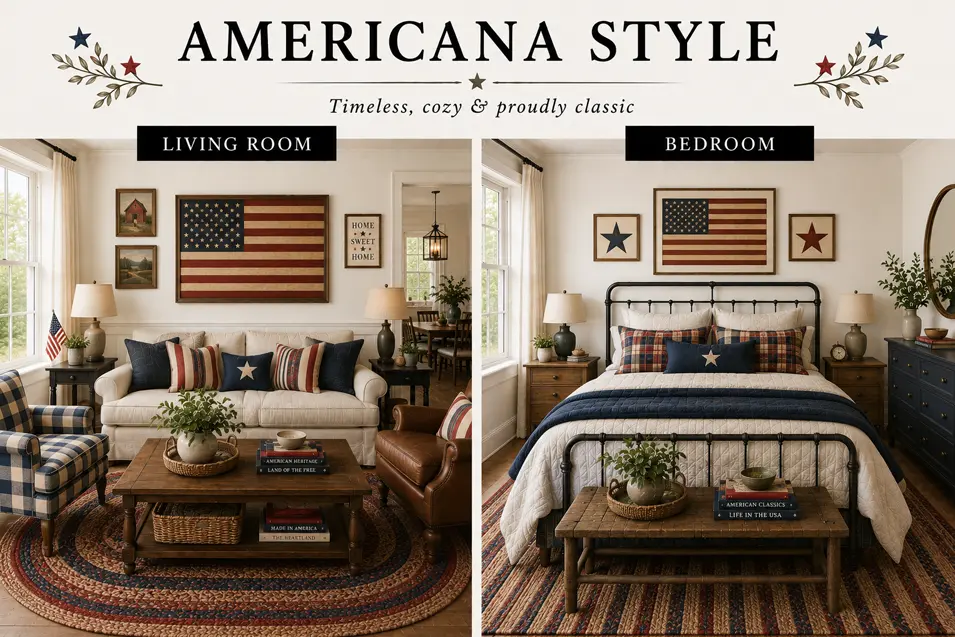Americana style interior showcase featuring a cozy living room and bedroom with patriotic accents, classic furnishings, rich wood tones and timeless charm.