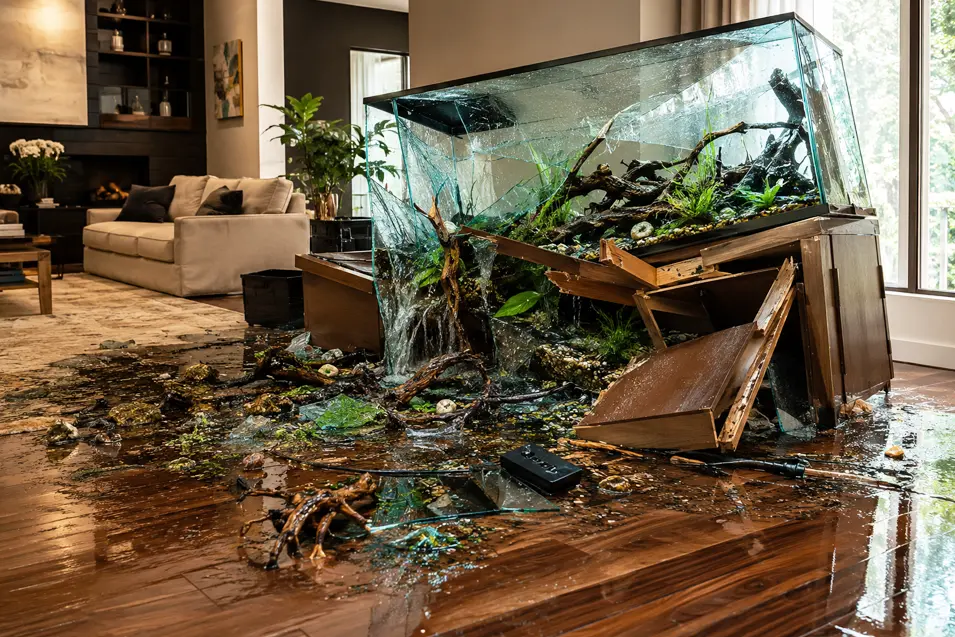 Aquarium disaster in a living room with shattered glass, flooding water, scattered plants and debris, highlighting the risks of large fish tank failures.