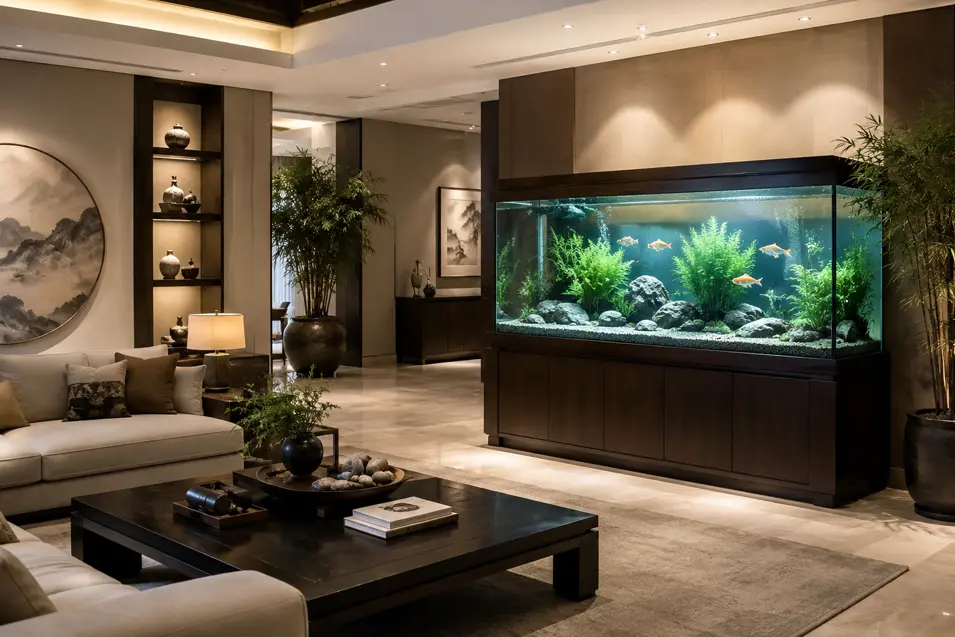 Luxury Feng Shui living room featuring a large illuminated aquarium, natural greenery, warm ambient lighting, and elegant modern furnishings in a serene upscale setting.