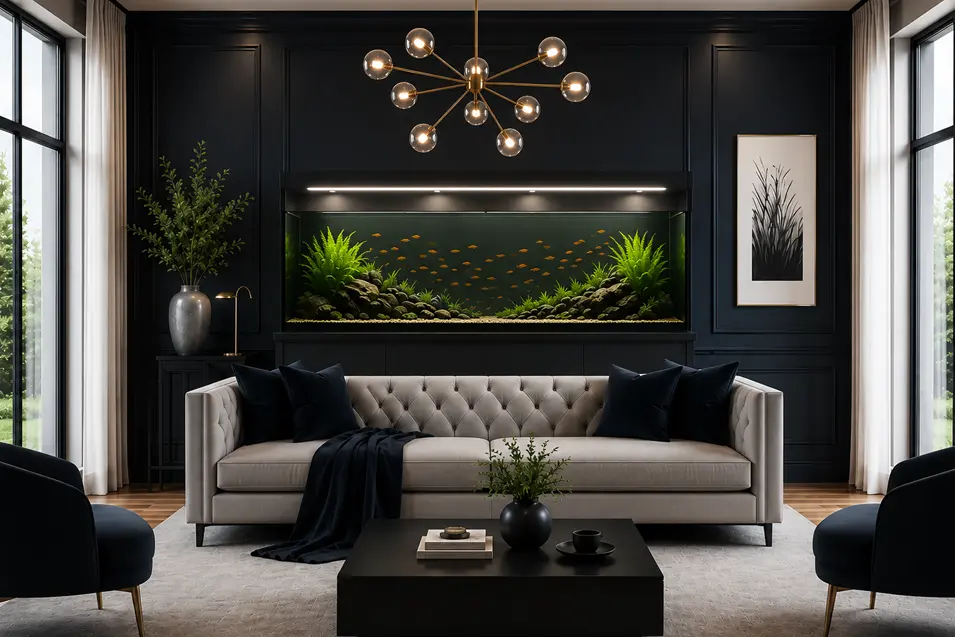 Modern living room with a built-in freshwater aquarium, overhead LED light system, dark paneled walls, and elegant contemporary furnishings.