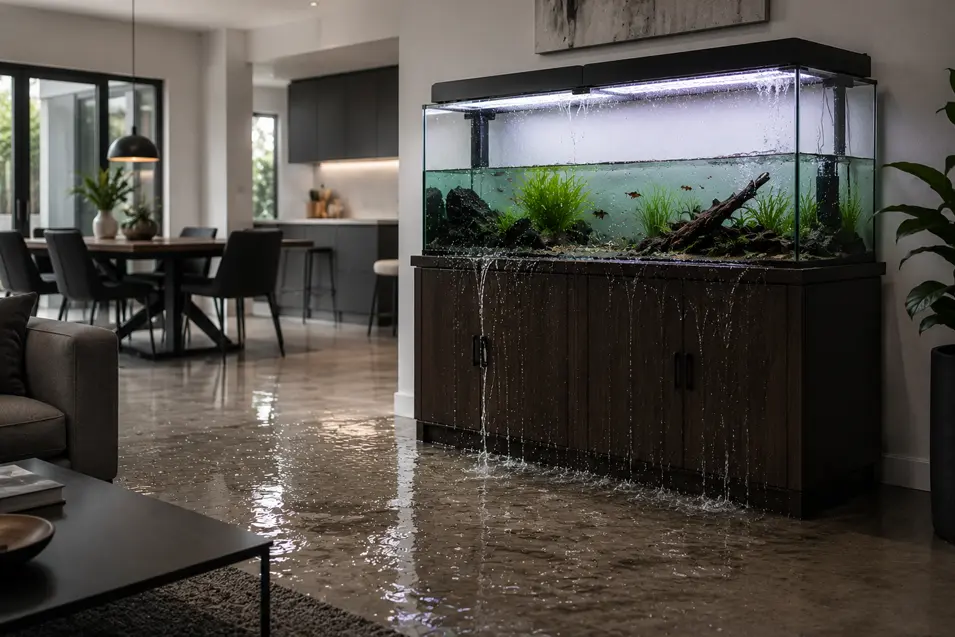 Large aquarium on a cabinet stand leaking water onto the floor in a modern living room, with a canopy light system above the partially filled tank.