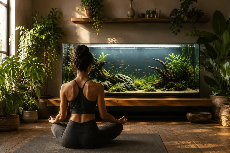 Woman meditating on a yoga mat with a large freshwater aquarium behind her, surrounded by lush indoor plants in a serene, sunlit room.