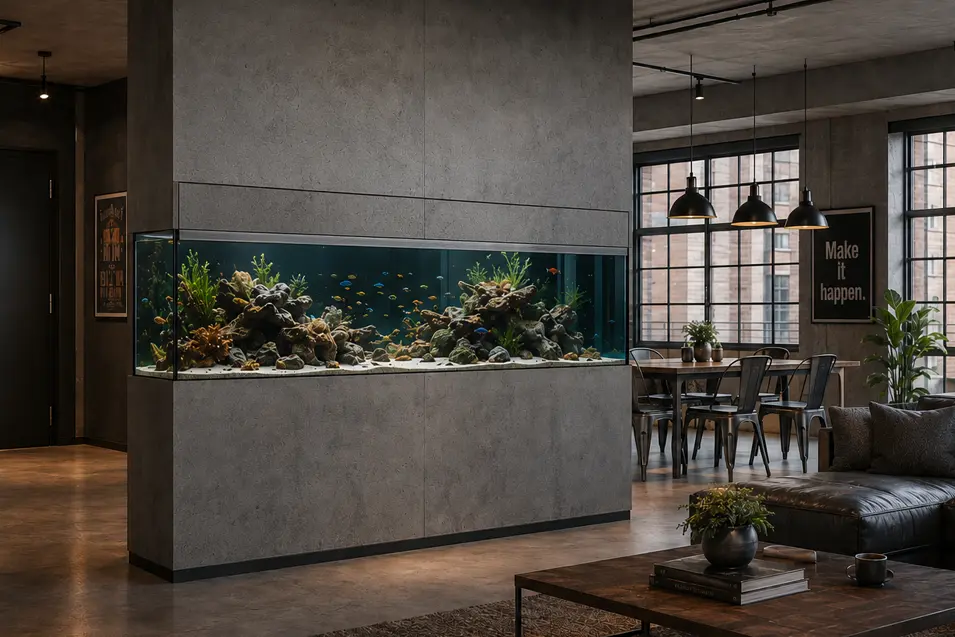 Industrial loft featuring a built-in aquarium room divider with concealed access panels, exposed brick, concrete finishes, leather seating, and modern lighting.