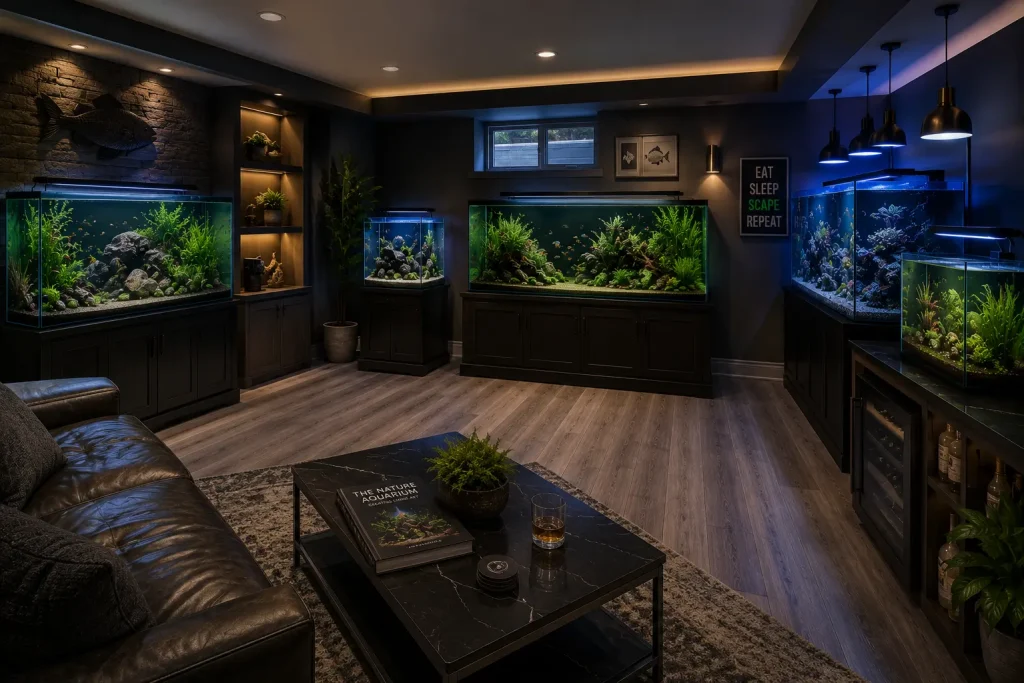 Luxury basement aquarium lounge with five custom tanks, premium cabinetry, laminate floors, ambient lighting, and a sleek, relaxing seating area.