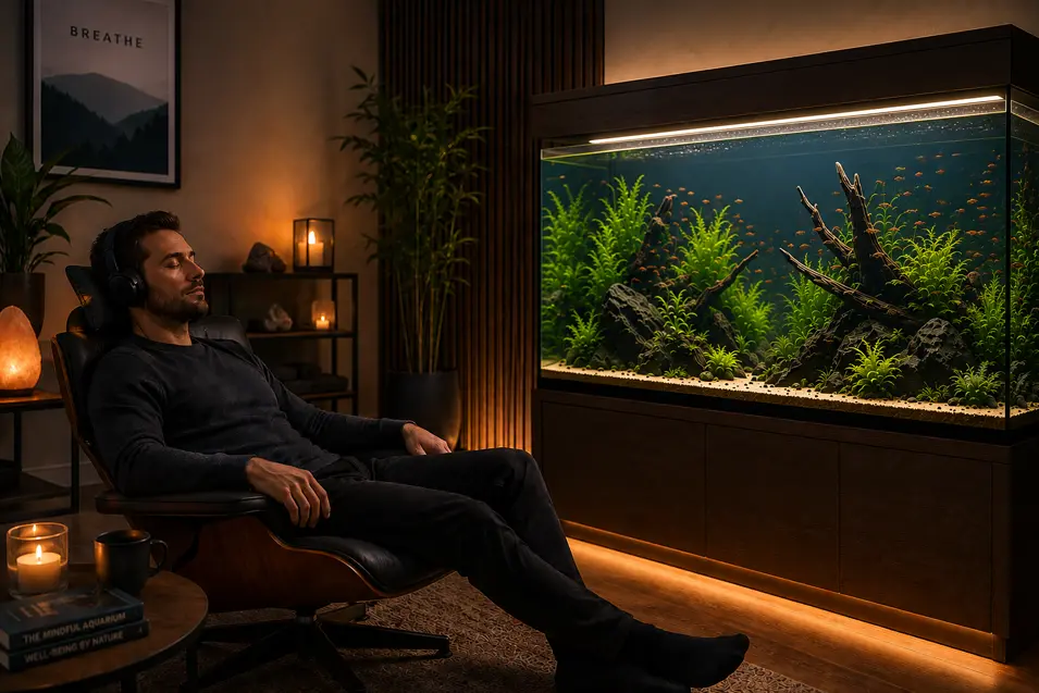 Man wearing headphones relaxes beside a fully stocked aquarium with integrated hood lighting in a tranquil wellness room designed for comfort and stress relief.