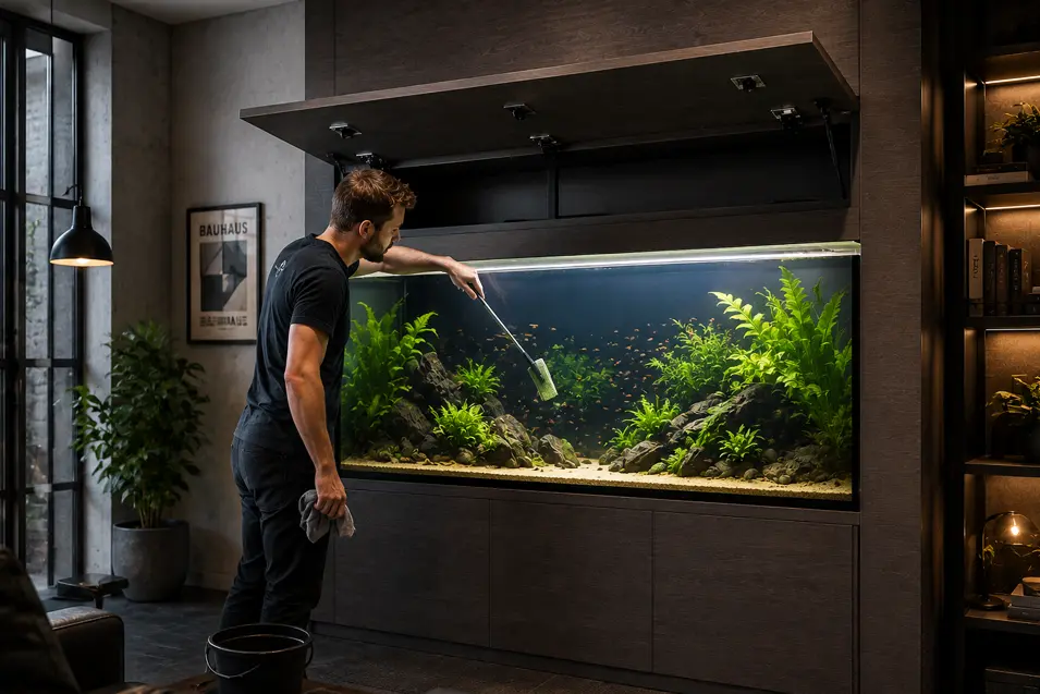 Man cleaning a large built-in freshwater aquarium through an open maintenance hatch in a modern industrial-style living room.