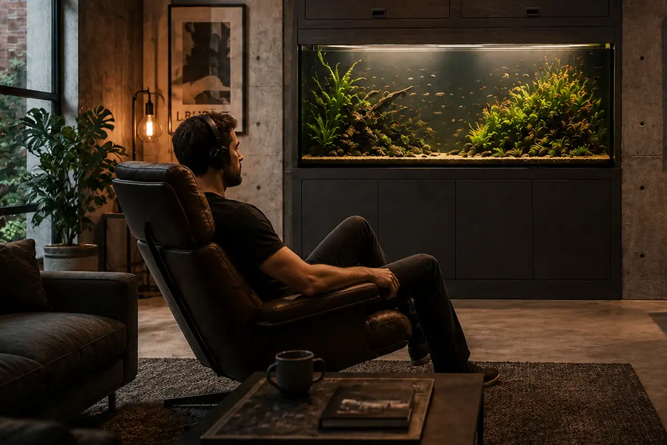 Man wearing headphones relaxing in an industrial wellness room with a built-in aquarium, access doors, concrete walls, and warm lighting.