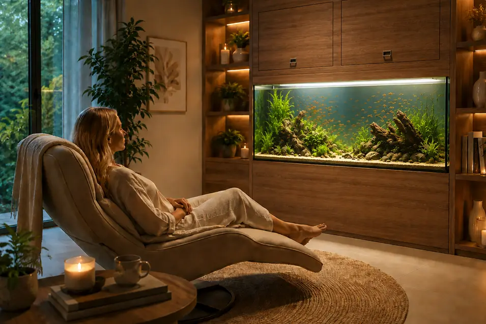 Blonde woman relaxing in a wellness room with a built-in freshwater aquarium, hidden maintenance doors, warm lighting, plants, and natural wood finishes.