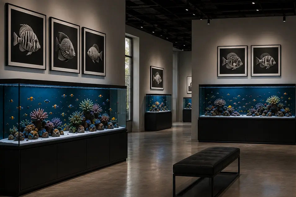 Modern aquarium art gallery with illuminated reef tanks, black cabinetry, monochrome fish photography, polished concrete floors, and dramatic museum-style lighting.