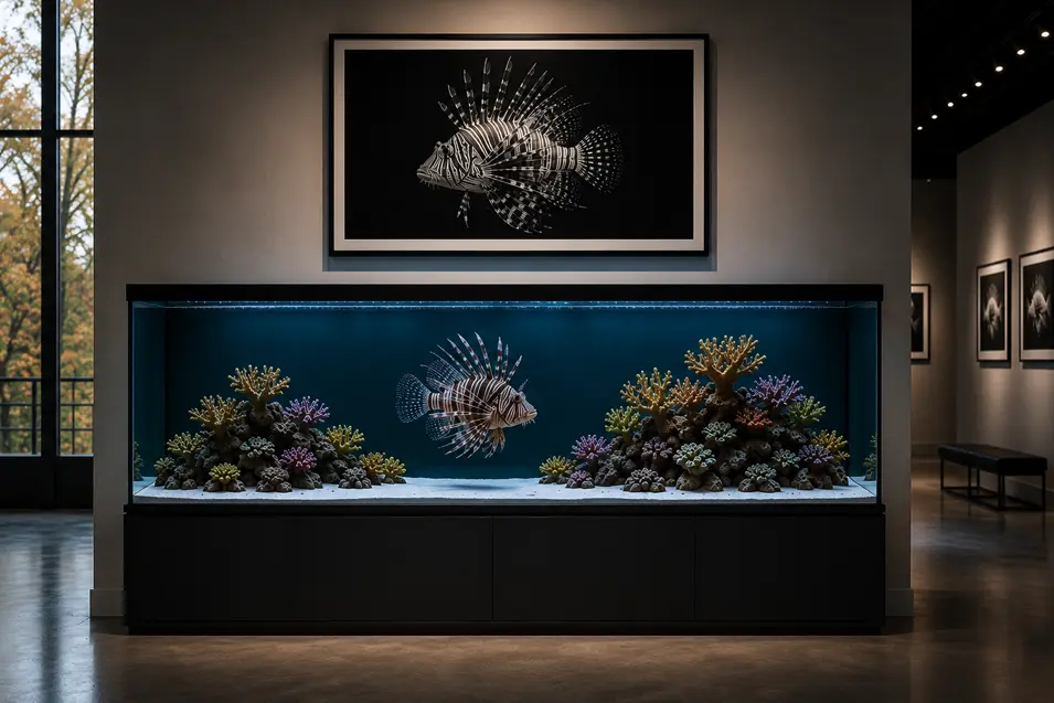 Modern aquarium gallery display featuring a large reef tank with a lionfish, monochrome lionfish artwork above, dramatic lighting, and sleek black cabinetry.