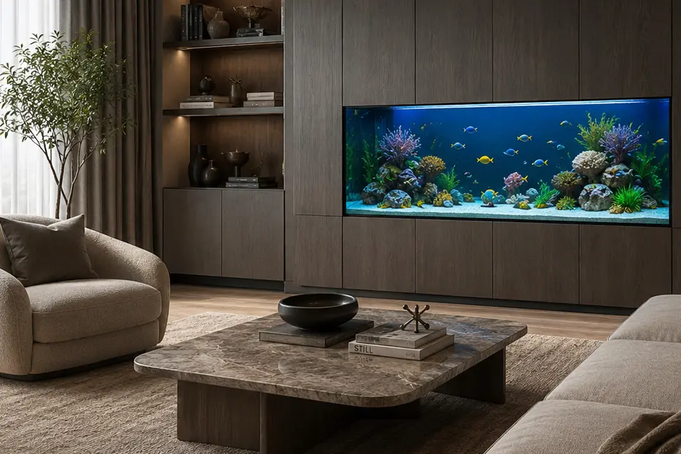 Built-in reef aquarium seamlessly integrated into custom cabinetry, adding vibrant marine life and a luxurious focal point to a modern living room.