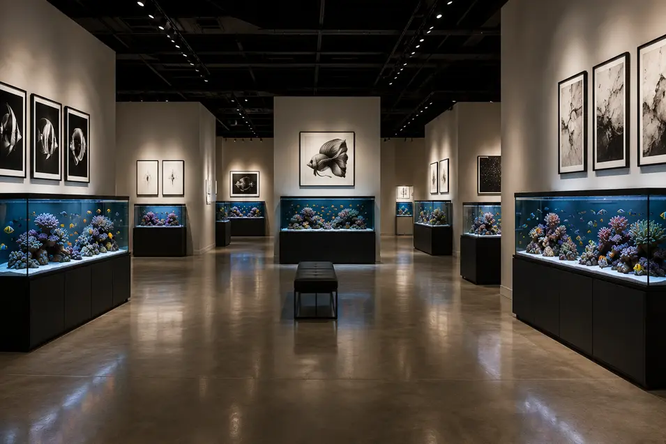 Modern art gallery featuring multiple illuminated reef aquariums with black cabinetry, fish-themed artwork, polished concrete floors, and dramatic museum-style lighting.