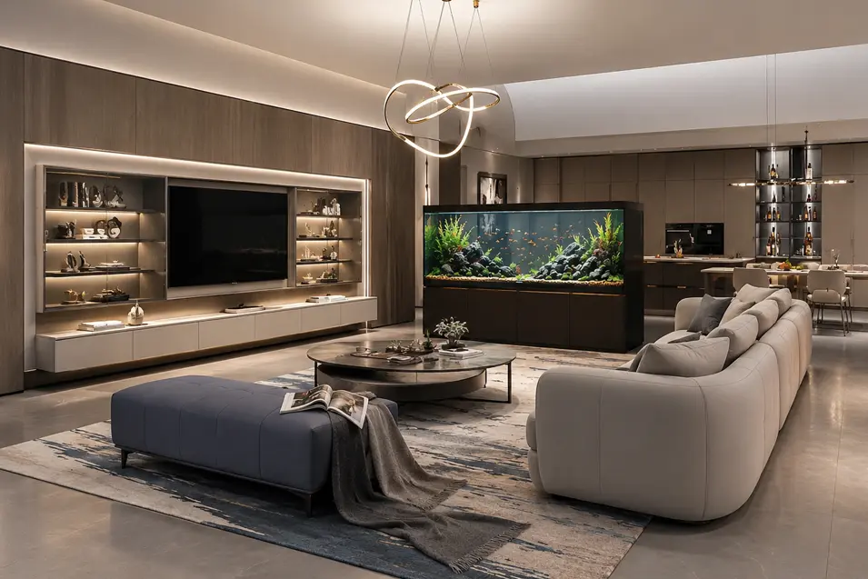 Modern open-concept living room featuring a large designer aquarium, custom built-ins, and luxury furnishings for a sophisticated contemporary look.