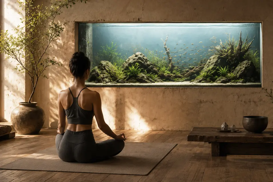 Wabi-sabi meditation room with a built-in nature aquarium, warm natural light, rustic wood finishes, textured plaster walls, and a woman practicing yoga in a serene, minimalist space.