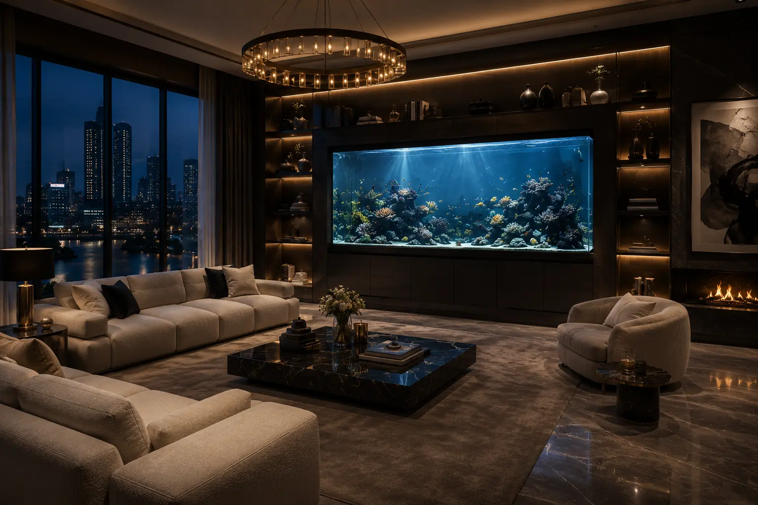 Ultra-luxury penthouse lounge with a massive reef aquarium, city skyline views, warm ambient lighting, marble accents, and plush modern seating.