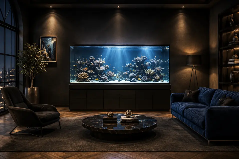 Modern luxury living room with a large illuminated reef aquarium as the focal point, dark interiors, elegant furnishings, city views, and dramatic ambient lighting.