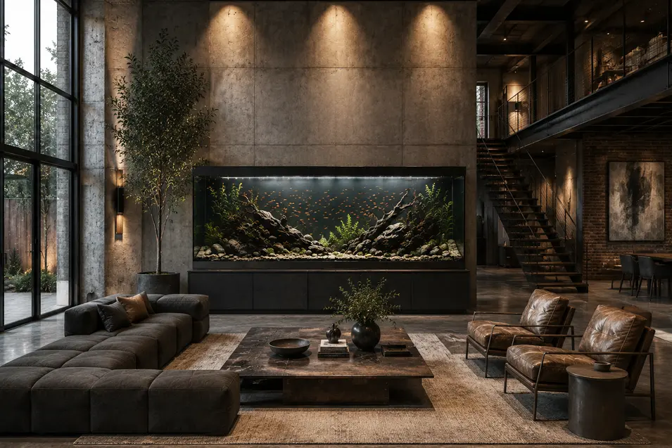 Modern industrial loft living room with a large built-in freshwater aquarium, floor-to-ceiling windows, leather chairs, and dramatic ambient lighting.