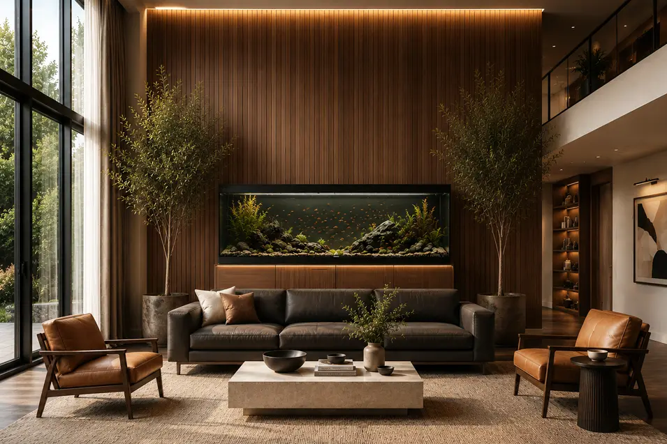 Luxury living room with a built-in aquarium, floor-to-ceiling windows, dark wood feature wall, leather lounge chairs, and warm ambient lighting.