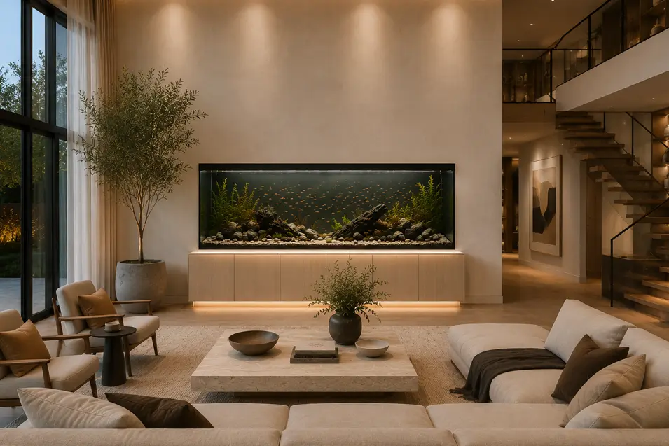 Modern luxury living room with a large built-in freshwater aquarium, floating staircase, warm lighting, and contemporary furnishings.