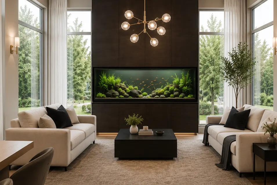 Elegant living room featuring a built-in aquarium wall, floor-to-ceiling windows, and modern furnishings that create a bright, sophisticated focal point.