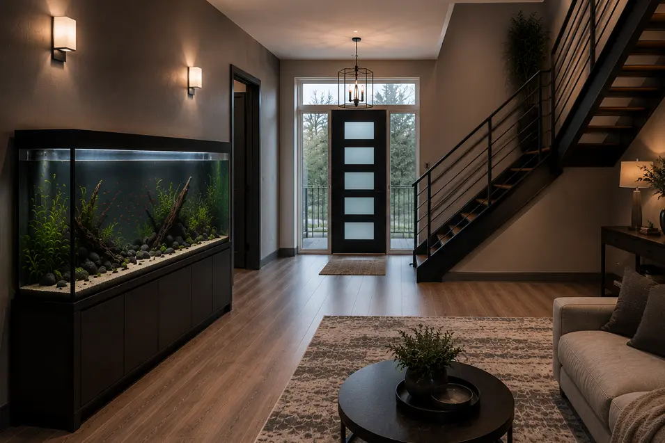 Modern entryway living room with a large freshwater aquarium, staircase, front door views, contemporary furniture, and warm ambient lighting.