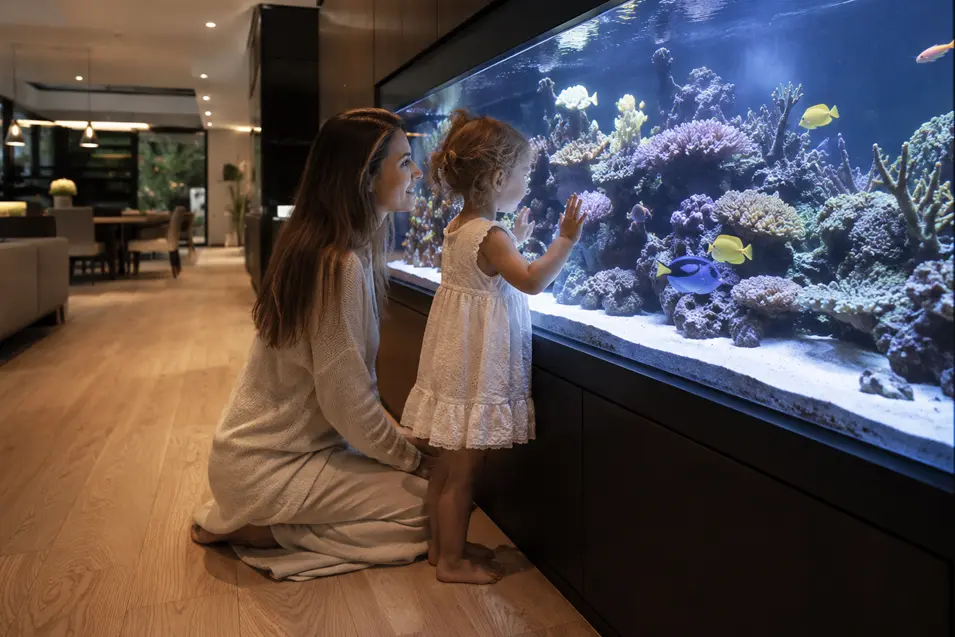 Mother kneeling beside her young daughter as they admire a large aquarium in a luxury modern home, with the child touching the glass.