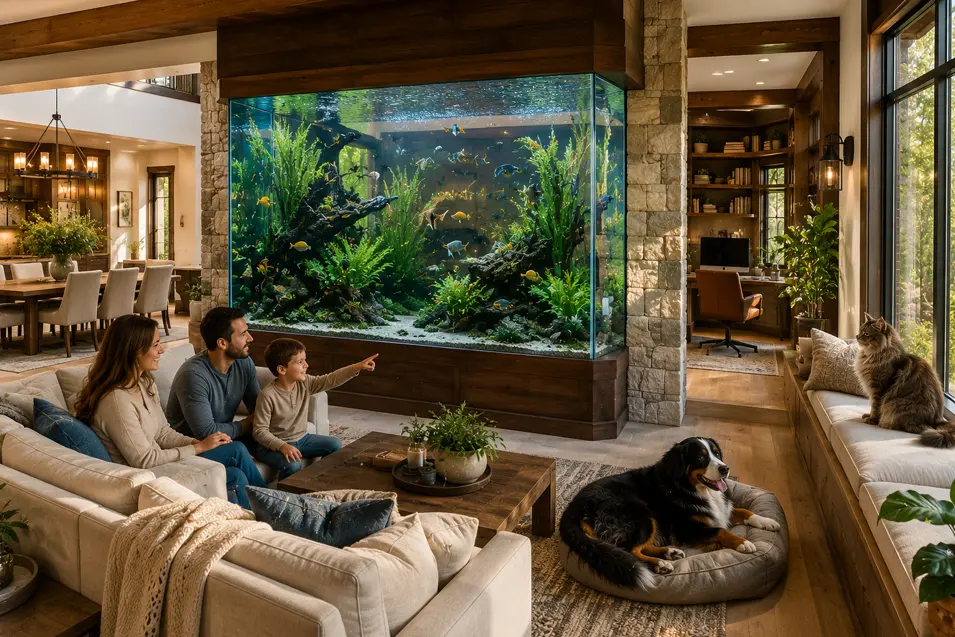 Family gathered in a luxury living room with a large built-in aquarium, tropical fish, a Bernese Mountain Dog resting nearby, and a cat watching from a window perch.