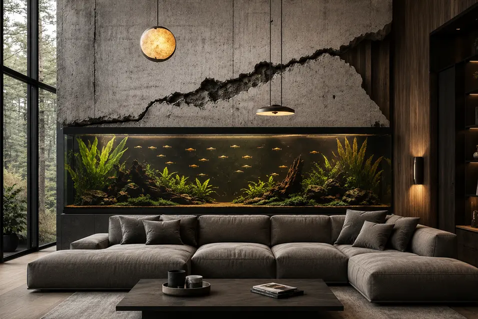 Large built-in aquarium beneath a cracked concrete wall in a modern living room, highlighting potential structural damage and home safety concerns.